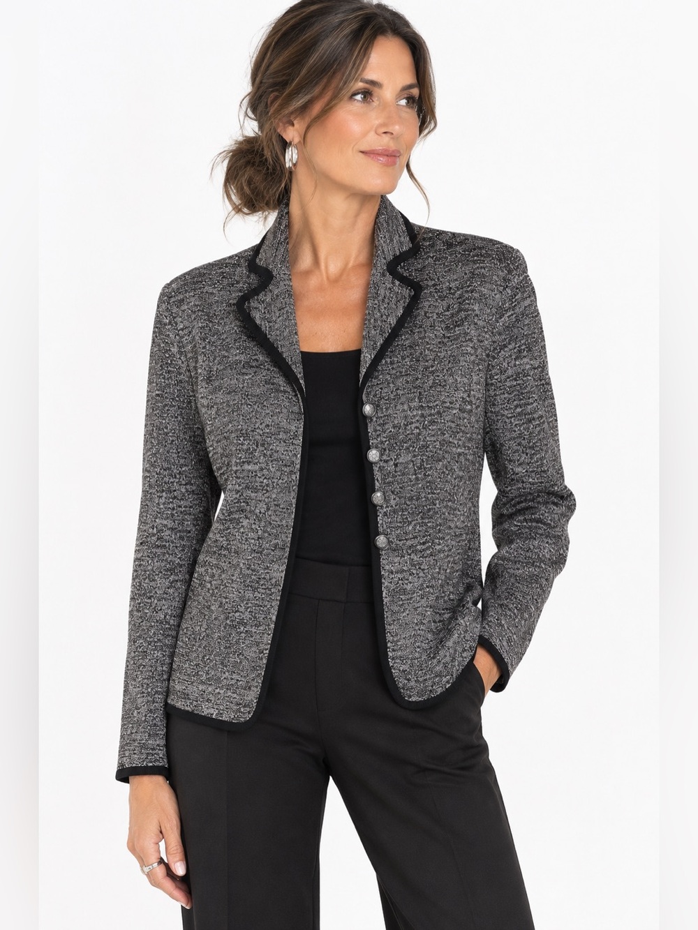 Exclusively Misook Black Gray Metallic Shimmer 4 Button Collared Blazer Office S